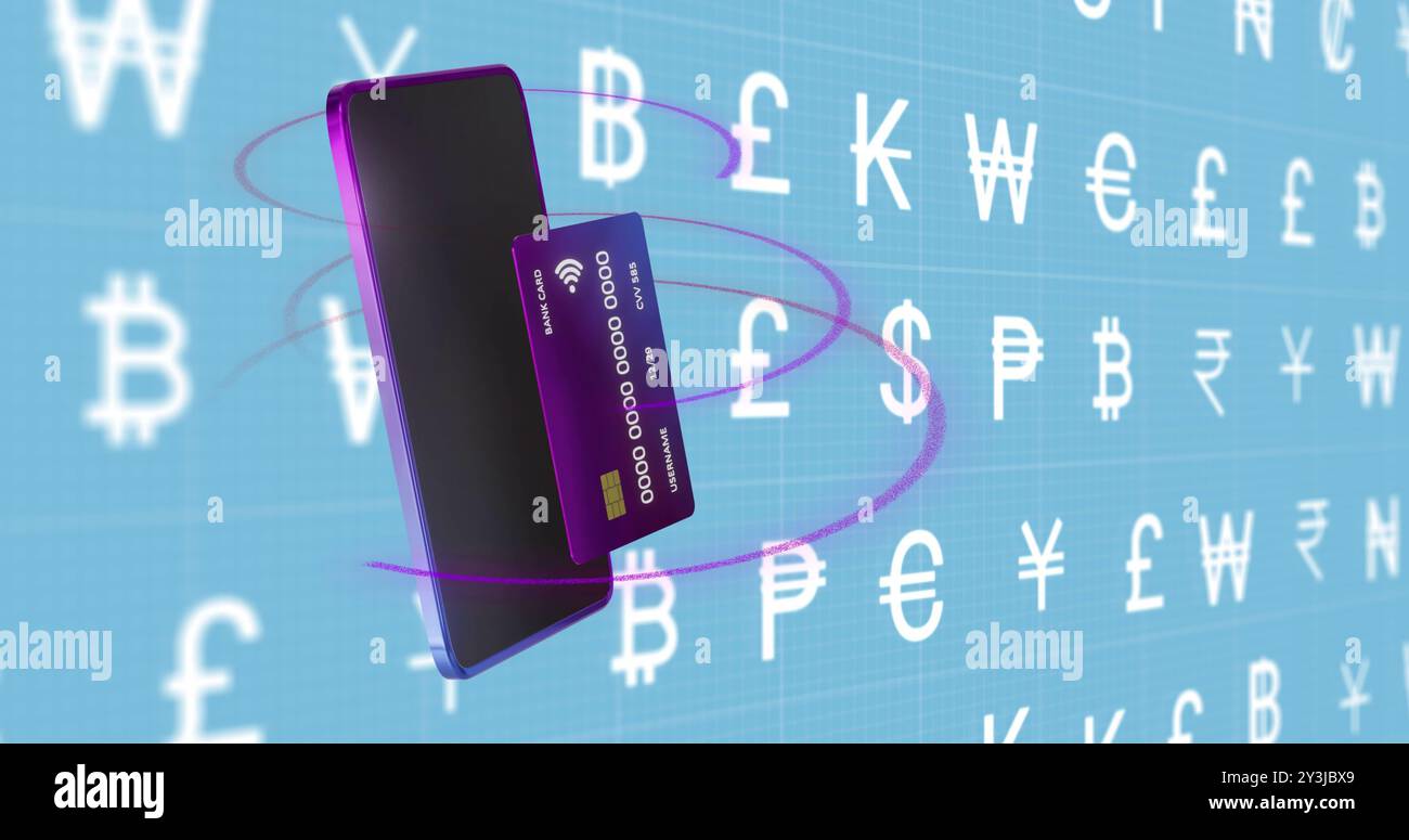 Immagine delle icone dello smartphone e della valuta e della carta di credito su sfondo blu Foto Stock