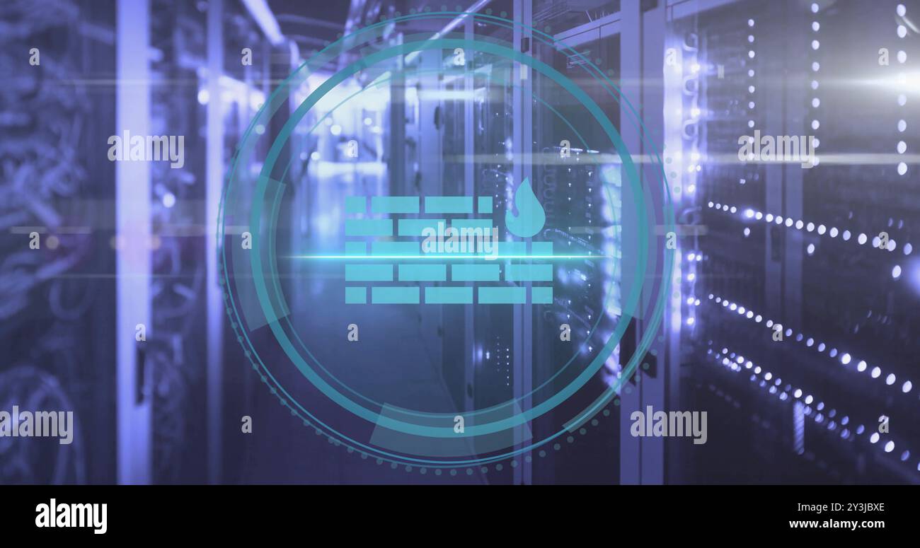 Immagine dell'icona della parete antincendio e dell'elaborazione digitale dei dati sui server dei computer Foto Stock