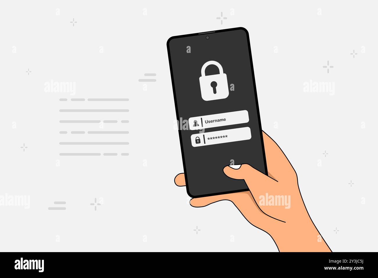 Tenere premuto uno smartphone per accedere al nome utente e alla password sullo schermo. Protezione online della privacy dei dati sull'applicazione per telefono cellulare. Illustrazione vettoriale. Illustrazione Vettoriale