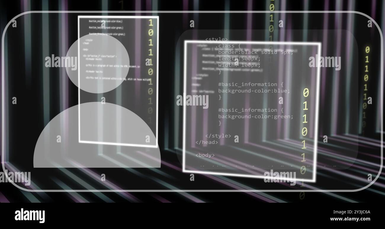 Immagine dell'icona della persona, dei dati di elaborazione e delle schermate dell'interfaccia di codifica su sfondo nero Foto Stock