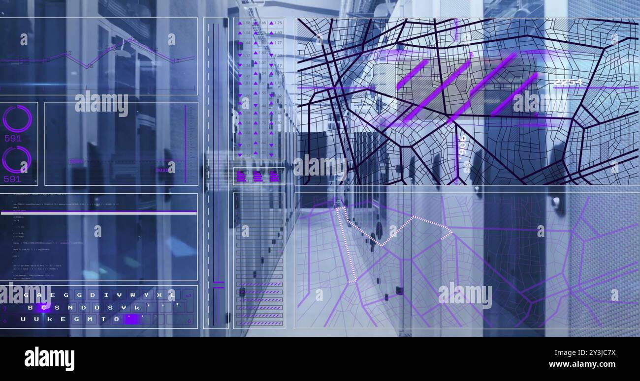 Immagine dell'interfaccia con lo scanner e la mappa stradale sulla sala server del computer Foto Stock