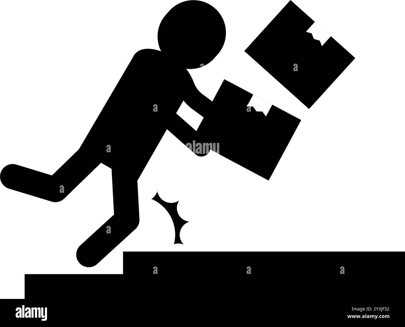 Osservare il passo, le persone che cadono con i bagagli, pittogrammi di segnali di sicurezza, pericoli e avvertenze, illustrazione vettoriale Illustrazione Vettoriale