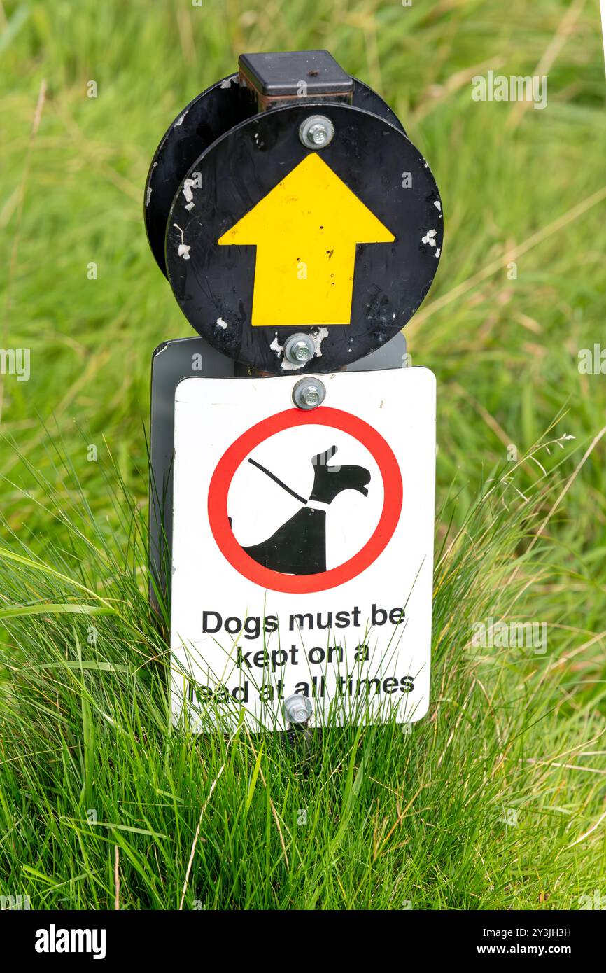 Tieni i cani su un cartello segnaletico nel parco dei cervi di Levens, Cumbria Foto Stock