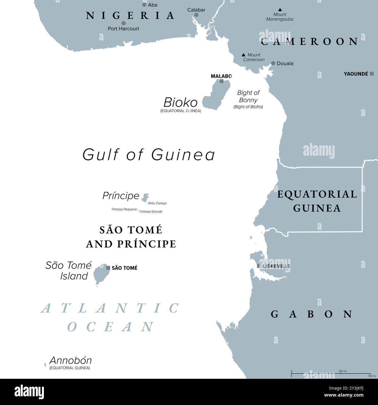 Linea del Camerun, catena di isole vulcaniche al largo della costa dell'Africa occidentale, mappa politica grigia. Catena vulcanica che comprende le isole del Golfo di Guinea. Foto Stock