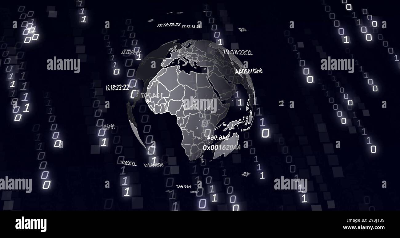 Immagine dell'elaborazione dei dati e della codifica binaria in tutto il mondo Foto Stock