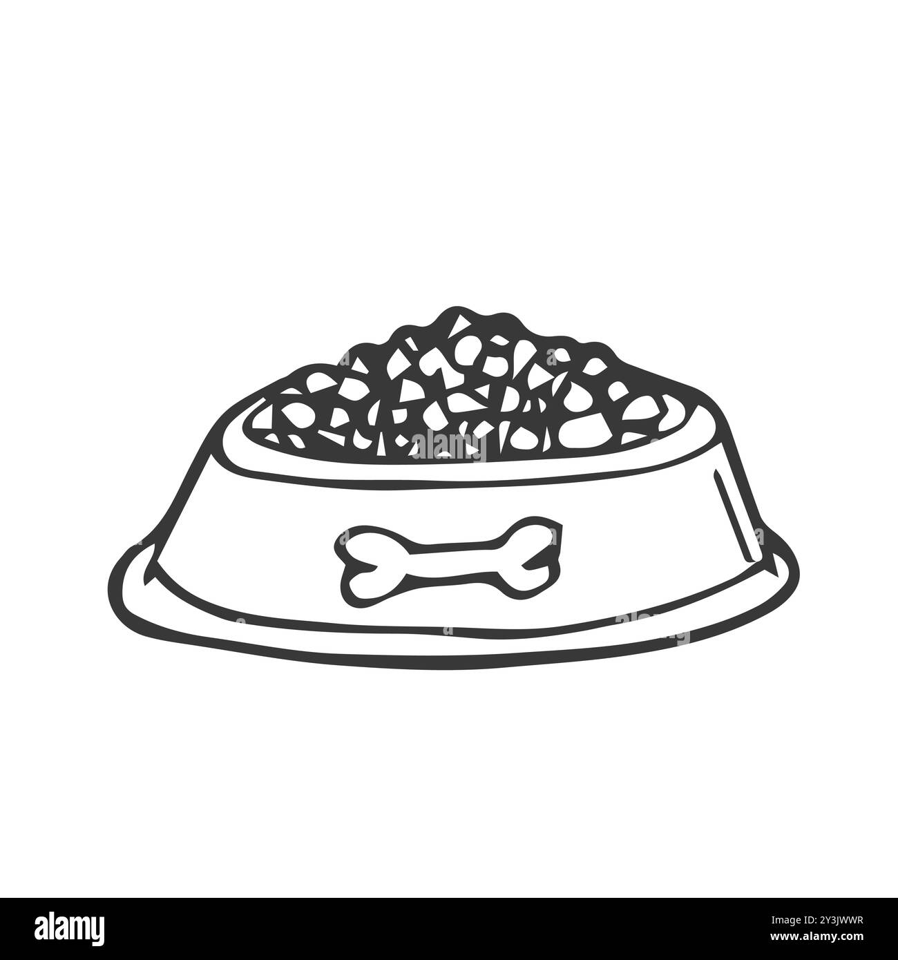 Illustrazione vettoriale del recipiente per alimenti per animali domestici. Icona disegnata a mano di una ciotola per animali piena nel vettore. Icona a linea di piatti per animali domestici Illustrazione Vettoriale
