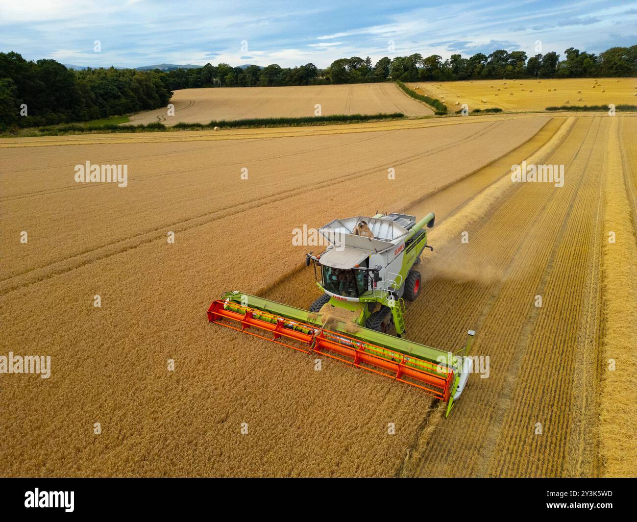 Viste aeree di una mietitrebbia che lavora nel campo vicino a Rosyth, Fife., Scozia. Foto Stock
