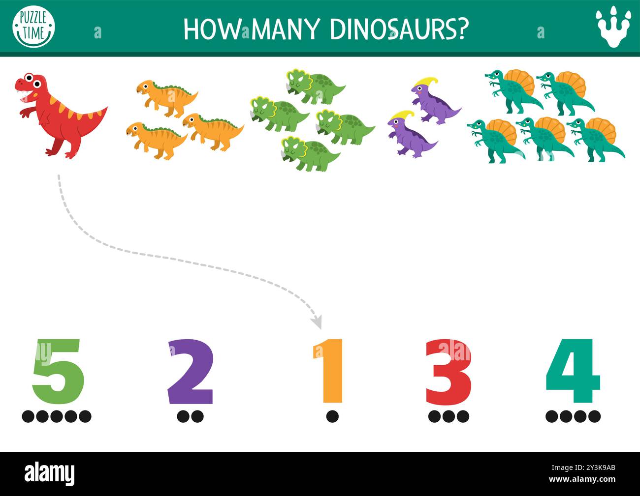 Gioco di conteggio e abbinamento con simpatici dinosauri. Attività di aggiunta matematica Dino per bambini in età prescolare. Foglio di lavoro di conteggio stampabile preistorico con T-rex, b Illustrazione Vettoriale