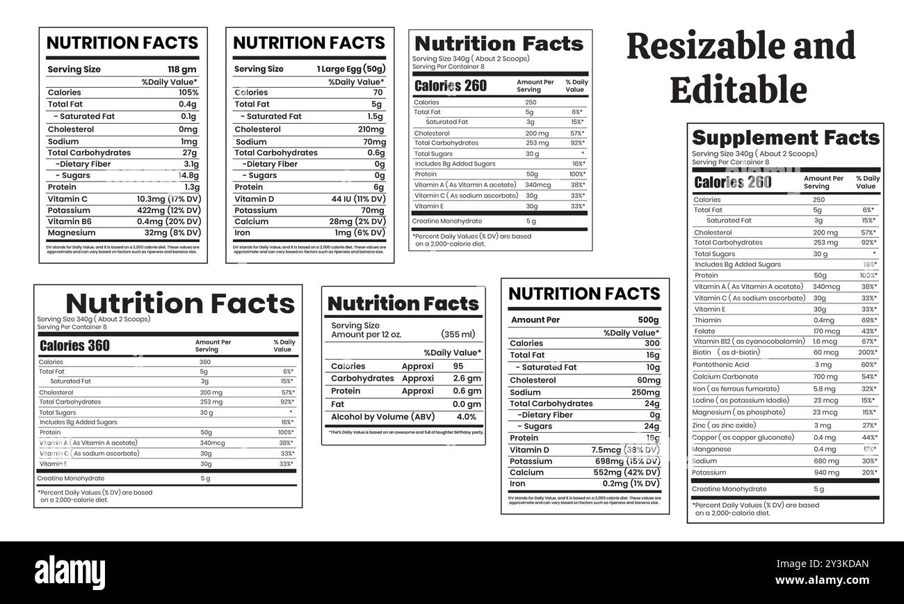 Modello etichetta dati nutrizionali, dati integrativi e dati vitaminici, modello di dati nutrizionali modificabile e ridimensionabile Illustrazione Vettoriale