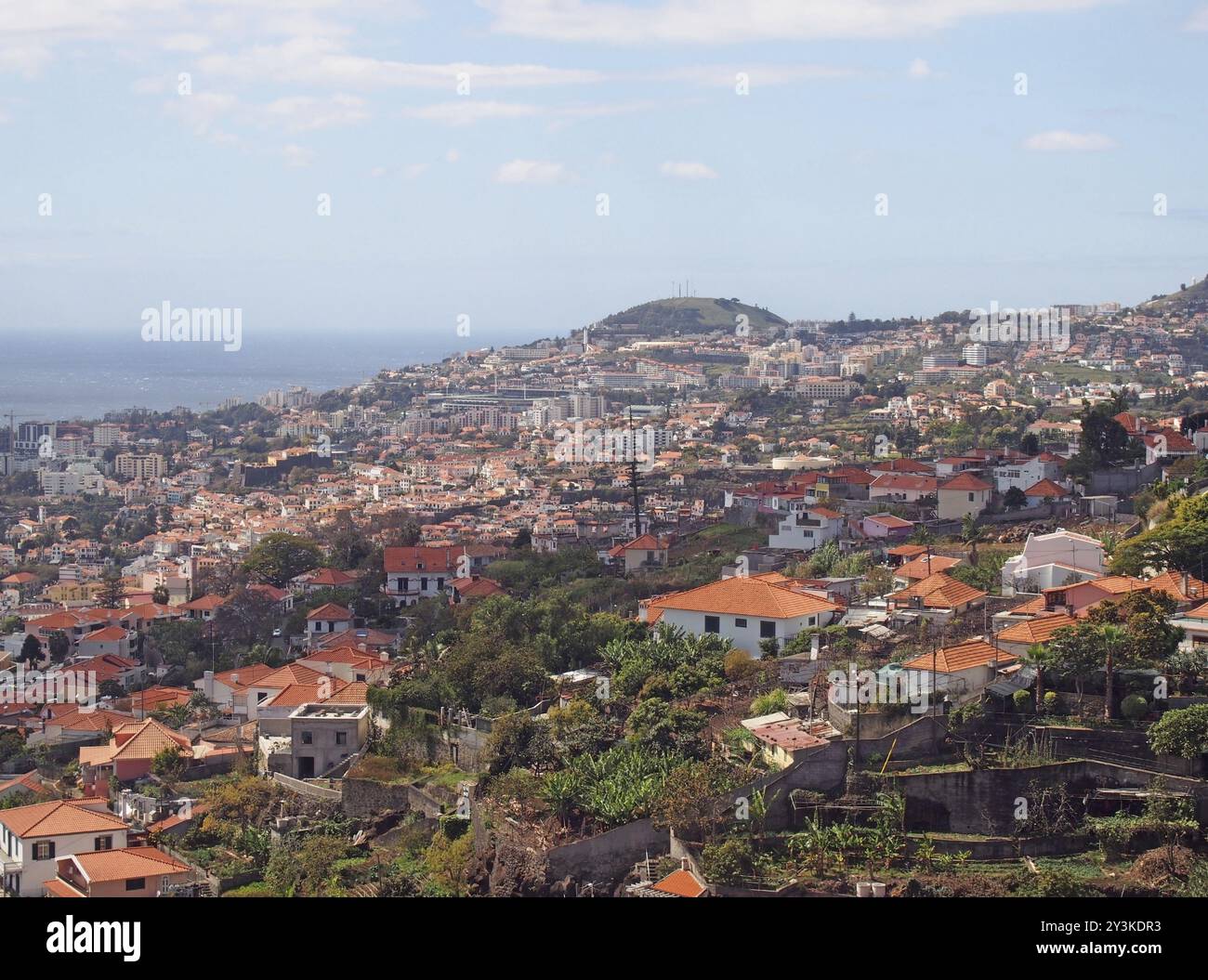 Vista panoramica dall'alto della città di funchal a madeira con tetti e monumenti della città visibili di fronte al mare Foto Stock