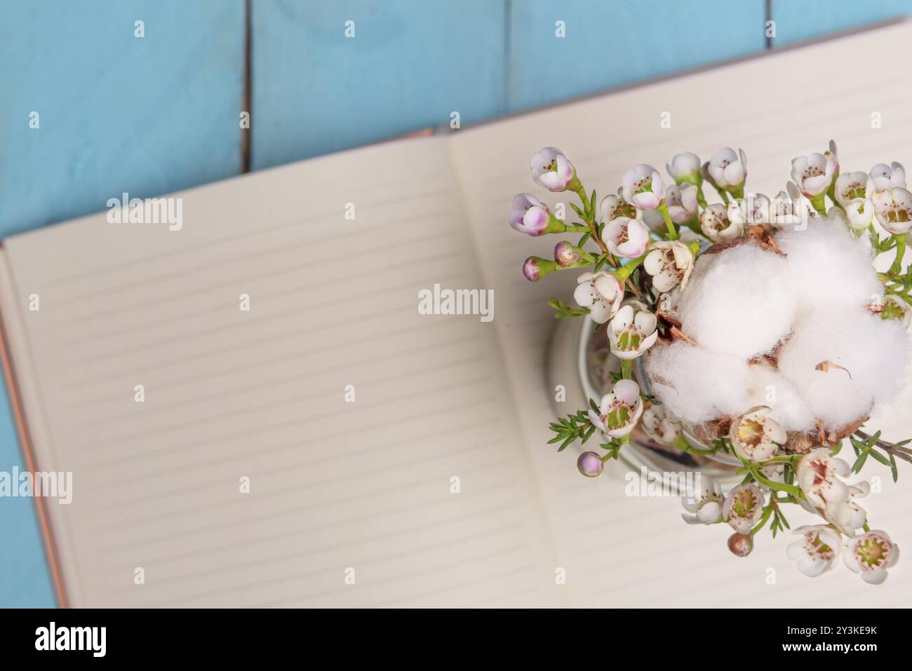 Disposizione dei fiori bianchi in una bottiglia di vetro su un taccuino aperto Foto Stock