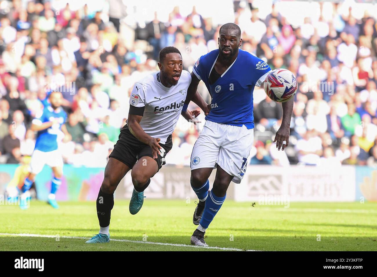 Ebou Adams di Derby County si batte con Wilfried Kanga di Cardiff City durante la partita del campionato Sky Bet tra Derby County e Cardiff City al Pride Park di Derby sabato 14 settembre 2024. (Foto: Jon Hobley | mi News) crediti: MI News & Sport /Alamy Live News Foto Stock