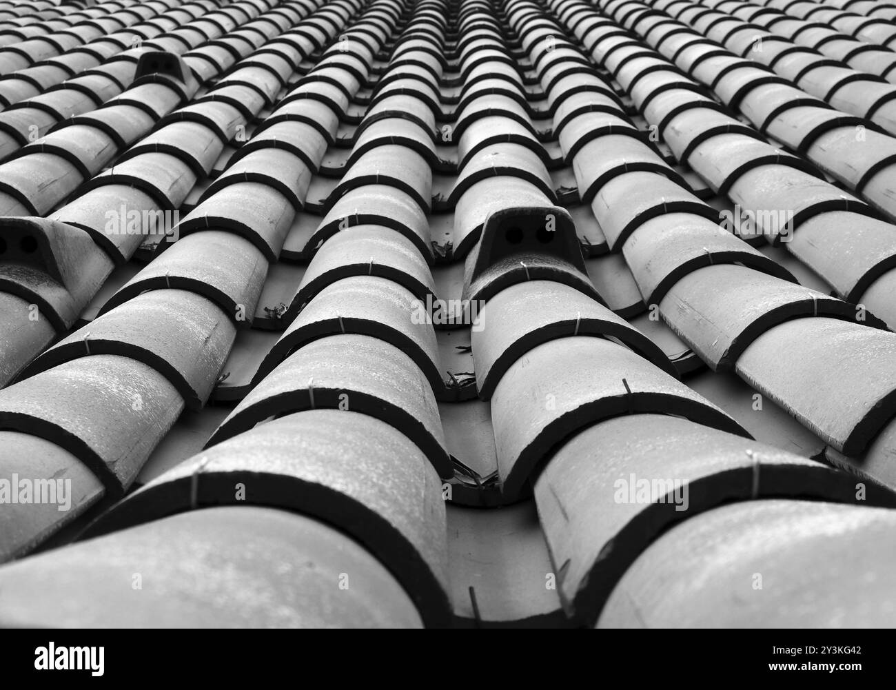 Telaio completo monocromatico che riduce la vista prospettica di un vecchio tetto con piastrelle curve in linea con fessure di ventilazione Foto Stock