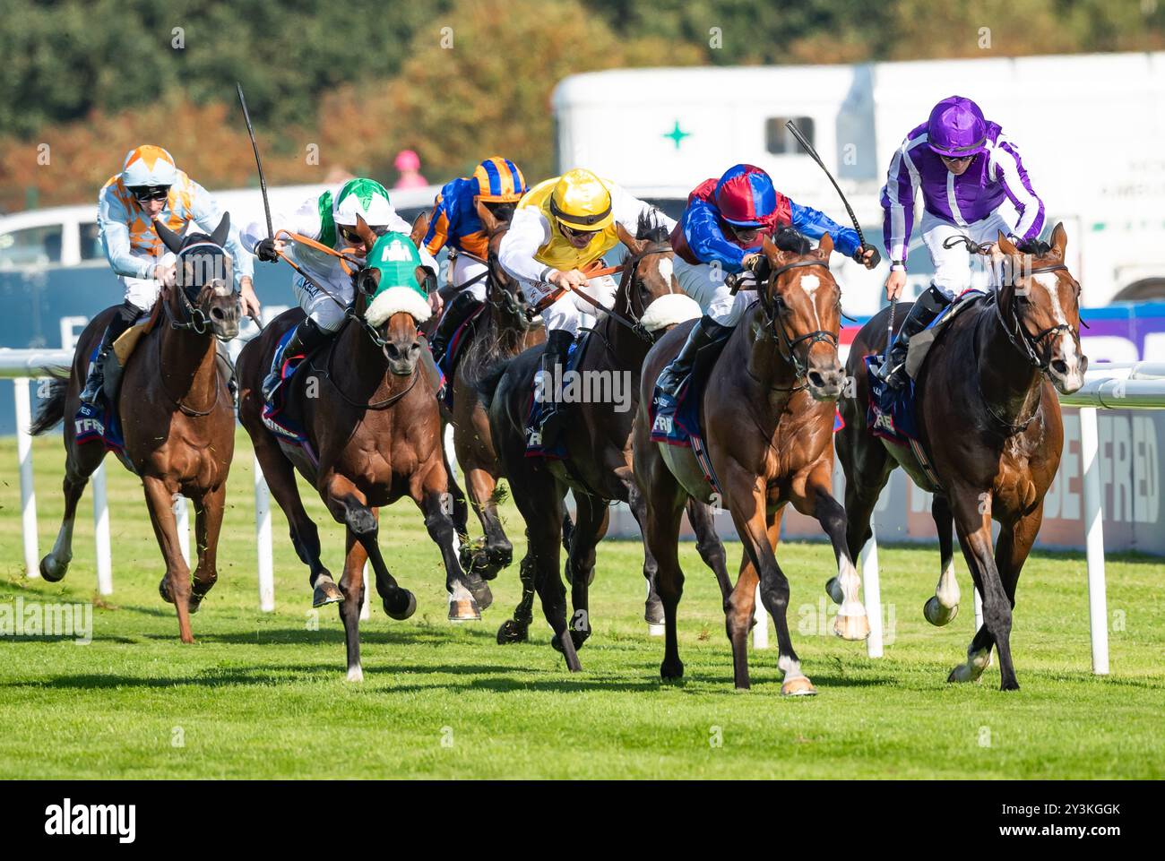 Doncaster Racecourse, sabato 14 settembre 2024. Jan Brueghel e il fantino Sean Levey vincono la 248a corsa del St Leger per l'allenatore Aidan o'Brien e i proprietari Westerberg, Mrs J Magnier, Michael Tabor e Derrick Smith. Crediti JTW equine Images / Alamy Live News. Foto Stock