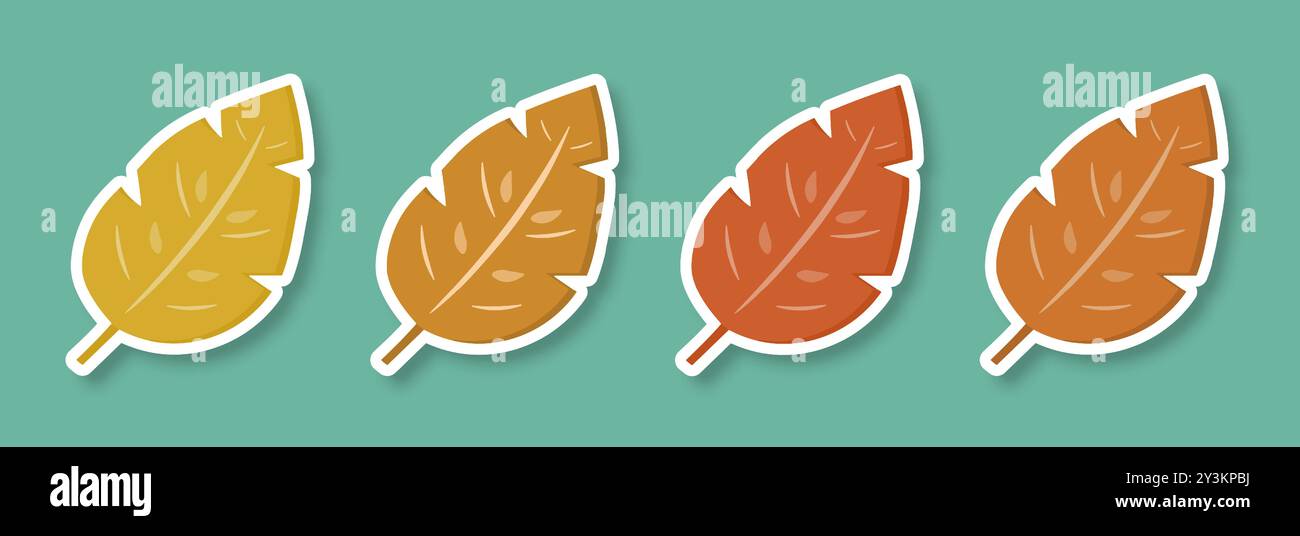 Una serie di adesivi di foglie autunnali su sfondo verde. Il simbolo dell'autunno. Semplice illustrazione autunnale su sfondo trasparente. Illustrazione Vettoriale
