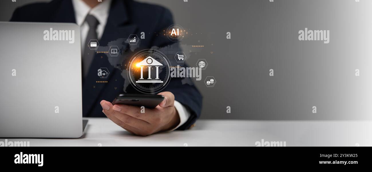 Uomo d'affari che possiede uno smartphone con icone di banca digitale e intelligenza artificiale. Tecnologia moderna, fintech e innovazione nella finanza. Utile per le aziende, Finanza Foto Stock