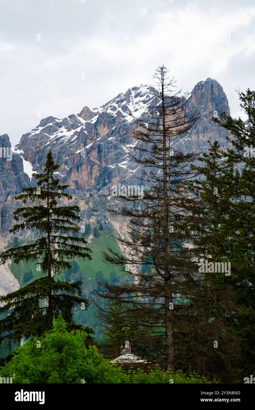 Una vista panoramica sulla pittoresca cittadina di Cortina d'Ampezzo, incastonata nel cuore delle Dolomiti. Montagne maestose si innalzano sullo sfondo, offrono Foto Stock