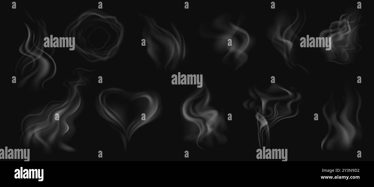 Fumo realistico. Vapore bianco, fumo da cibi caldi o tè, caffè e sigarette o narghilè a forma di anello e cuore isolati su sfondo trasparente. Gruppo vettoriale. Illustrazione Vettoriale