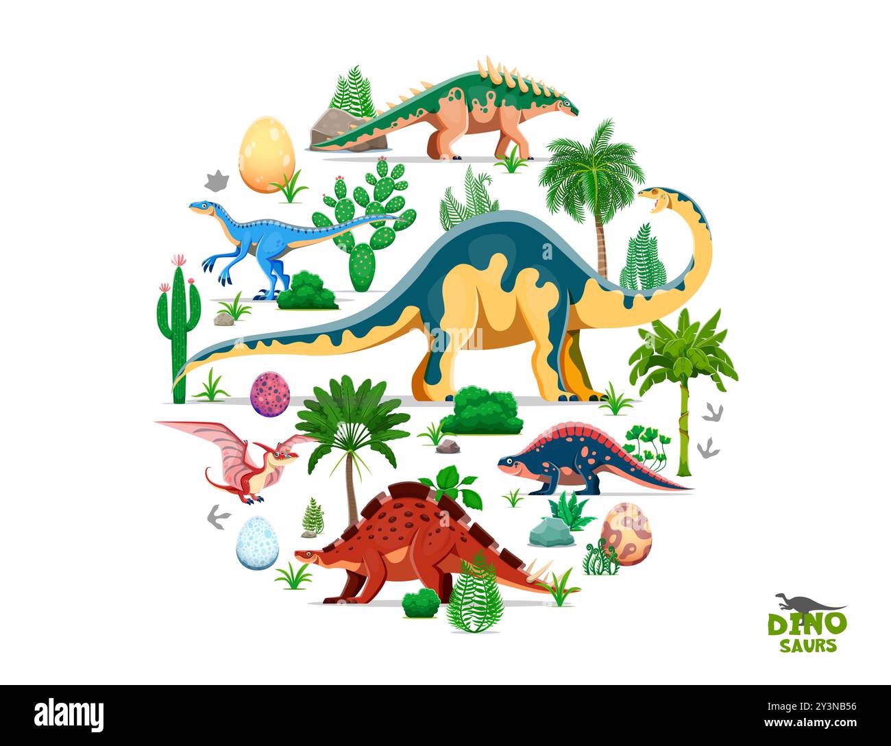 Cartoni animati personaggi di dinosauri preistorici, antiche piante paesaggistiche e uova di dinosauro di forma circolare. Specie di dinosauri vettoriali nel loro habitat naturale, flora e rocce, palme, felci e cattiv Illustrazione Vettoriale