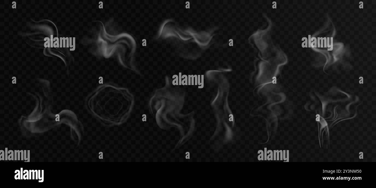 Fumo bianco. Vapore trasparente realistico. Tazza di tè e caffè, fumo, vapore di cibo, sigaretta al vapore o nuvole di narghilè. Illustrazione vettoriale 3D. Illustrazione Vettoriale