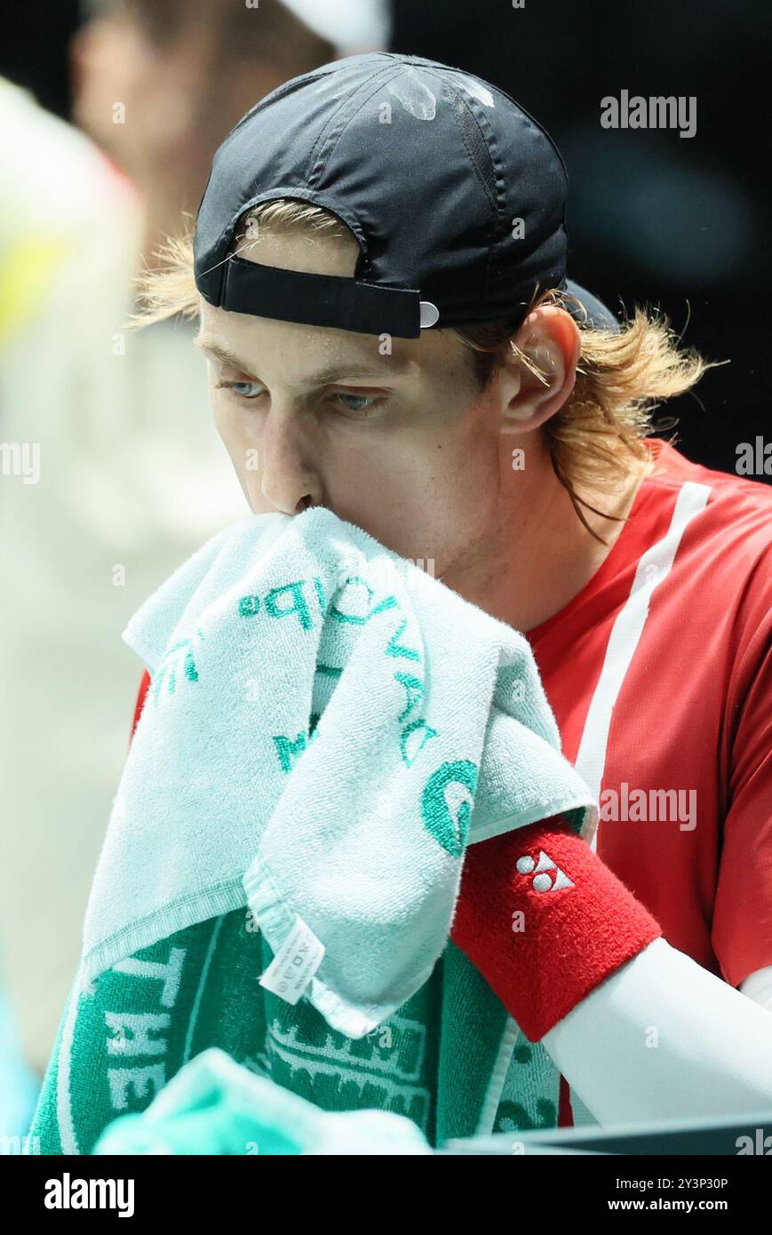 Bologna, Italia. 14 settembre 2024. Zizou Bergs belga dopo una partita tra il belga Zizou Berg e il brasiliano Thiago Monteiro, la seconda partita del girone A nella fase A gironi delle finali di Coppa Davis tra Belgio e Brasile, sabato 14 settembre 2024, presso l'Unipol Arena, a Bologna. BELGA PHOTO BENOIT DOPPAGNE credito: Belga News Agency/Alamy Live News Foto Stock