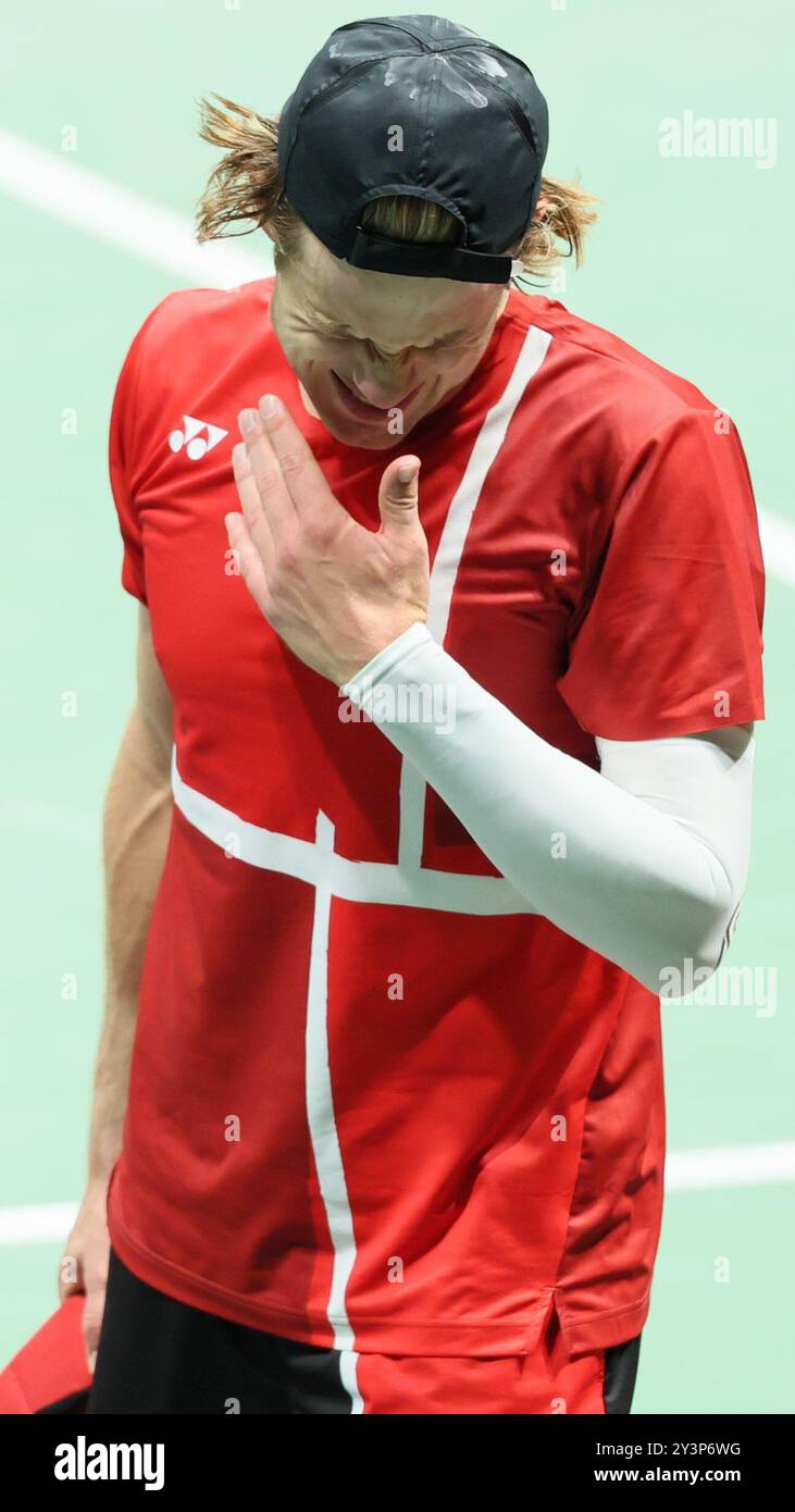 Bologna, Italia. 14 settembre 2024. Zizou Bergs belga dopo una partita tra il belga Zizou Berg e il brasiliano Thiago Monteiro, la seconda partita del girone A nella fase A gironi delle finali di Coppa Davis tra Belgio e Brasile, sabato 14 settembre 2024, presso l'Unipol Arena, a Bologna. BELGA PHOTO BENOIT DOPPAGNE credito: Belga News Agency/Alamy Live News Foto Stock