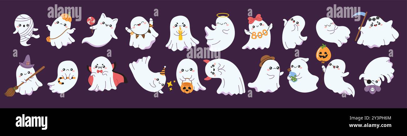 Simpatici fantasmi personaggi di Halloween, set di icone vettoriali a colori Illustrazione Vettoriale