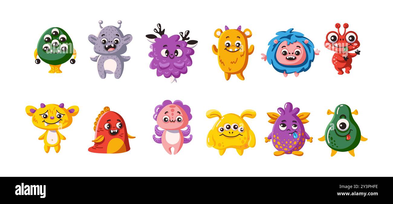 Adorabili mostri personaggi, set di icone vettoriali a colori Illustrazione Vettoriale