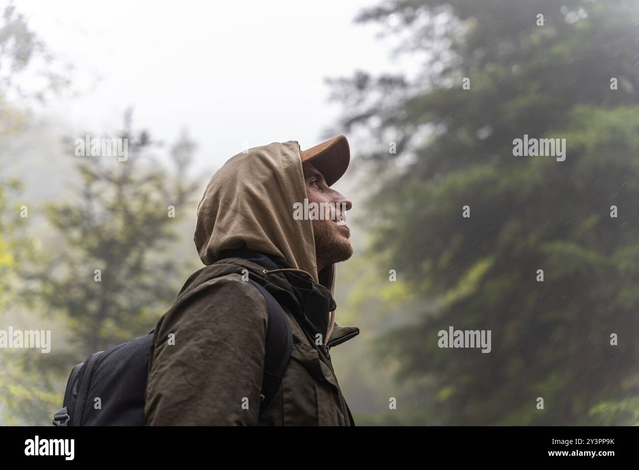 Uomo che cammina nella foresta in una fresca giornata di pioggia autunnale. Concetto di sport in natura Foto Stock