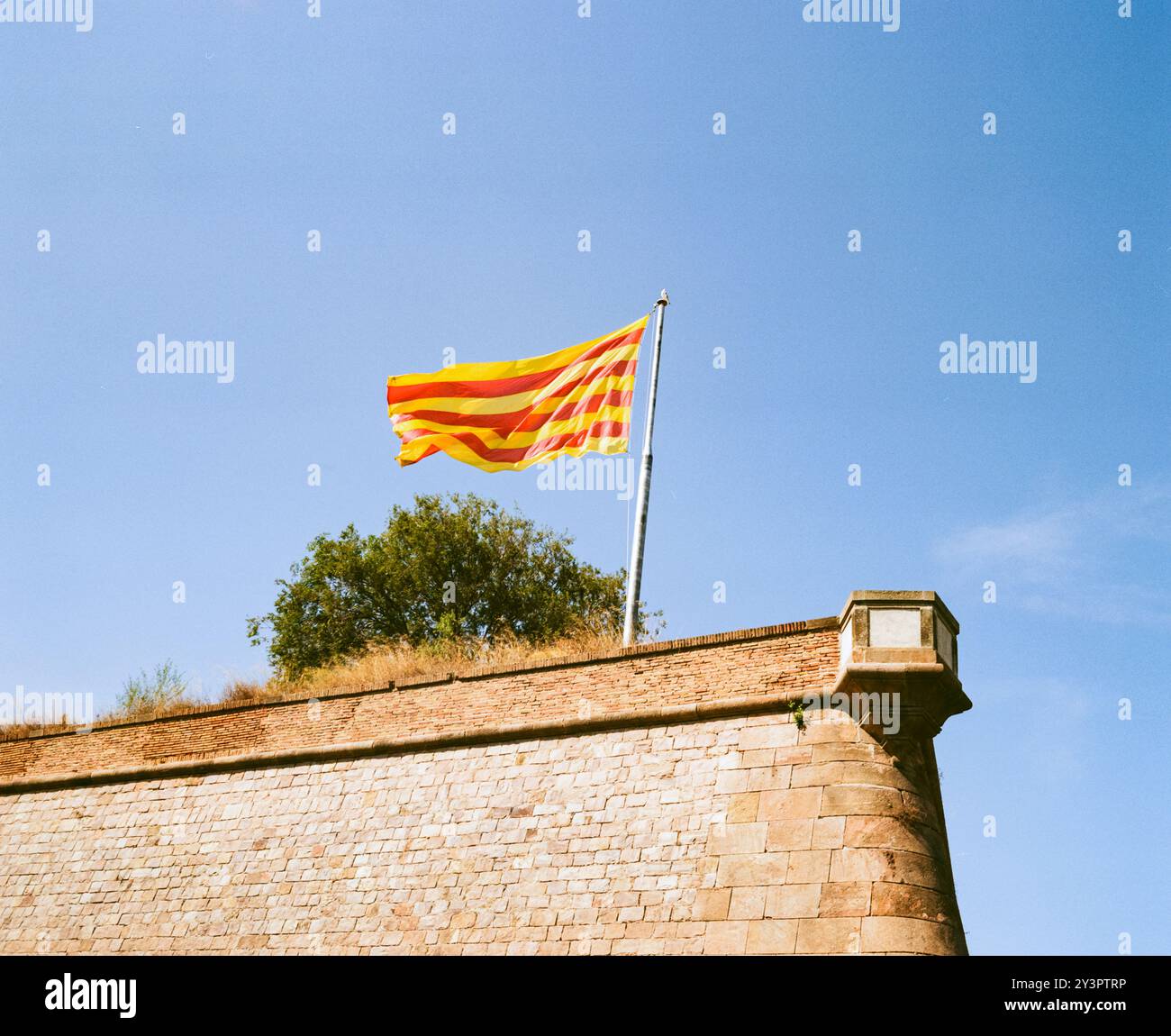 La bandiera della Catalogna sorvola Montjuic, il castello di Montjuic, Barcellona, Spagna, Europa. Foto Stock