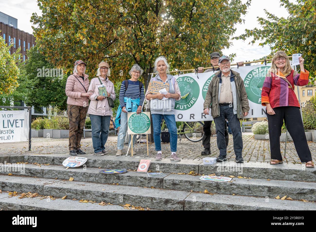 Attivisti ambientalisti di un gruppo locale di Fridays for Future a Norrköping, Svezia, protestano ogni venerdì pomeriggio sulla strada principale di Drottninggatan Foto Stock