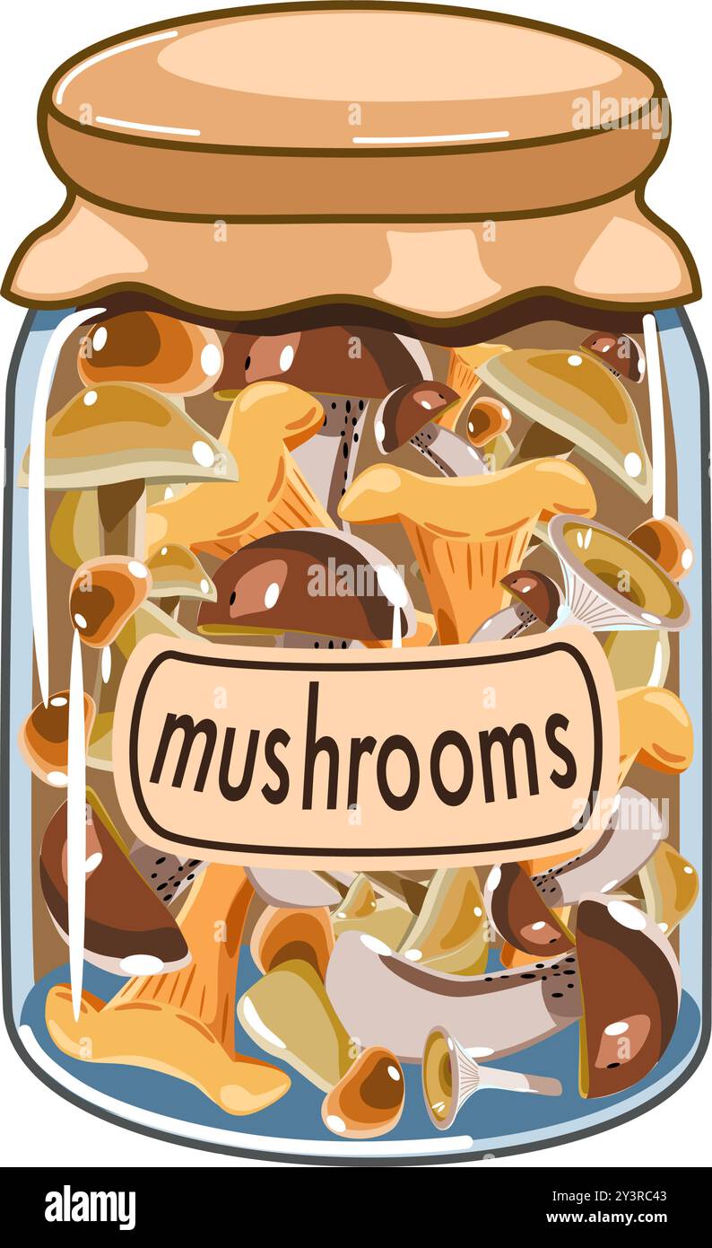 Funghi marinati in una illustrazione vettoriale in vaso di vetro Illustrazione Vettoriale