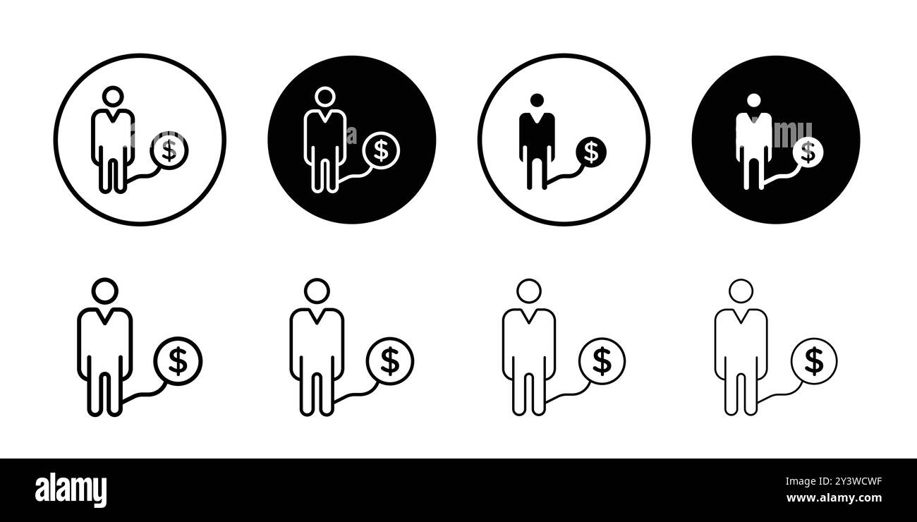 Uomo con icona debito logo segno vettoriale contorno in bianco e nero Illustrazione Vettoriale