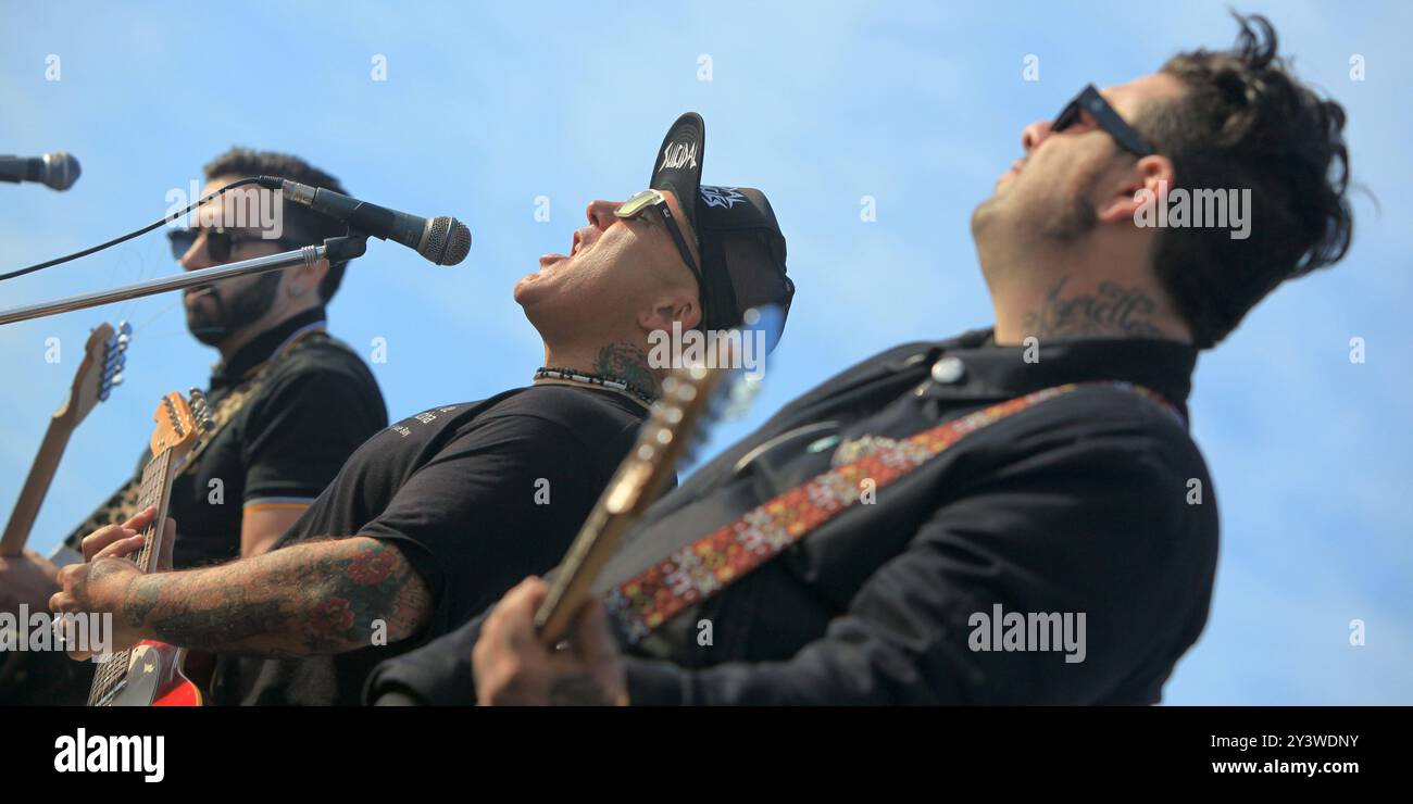 Flavio Cianciarulo, Sr. Flavio, si esibisce con la sua band all'evento International Surfing Day. Mar del Plata. Buenos Aires. Argentina Foto Stock
