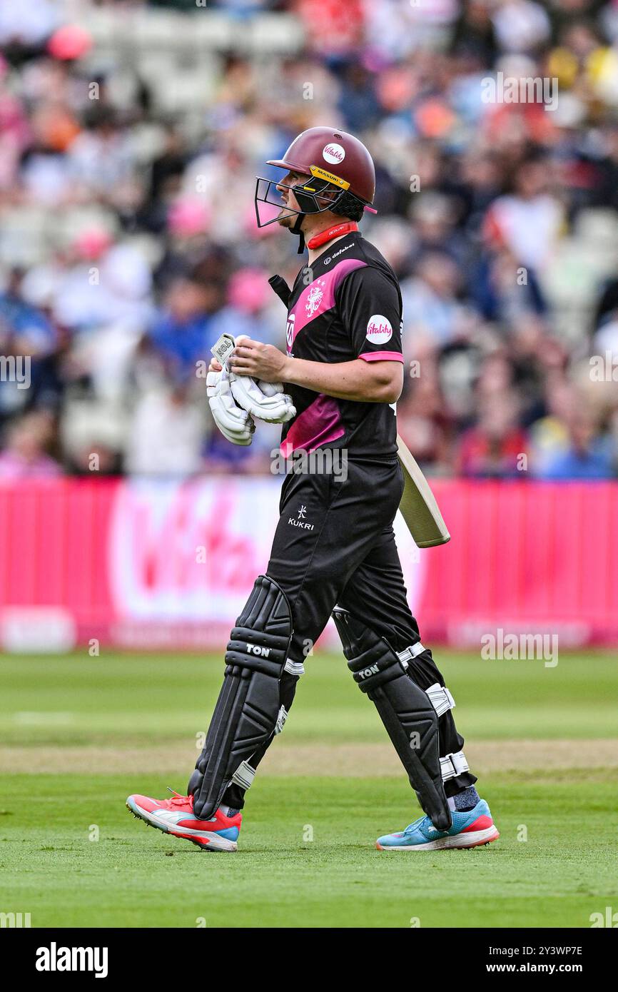 Edgbaston, Birmingham, Regno Unito. 14 settembre 2024. Vitality Blast T20 League Cricket Finals Day; semifinale, Surrey, Somerset; Tom Kohler-Cadmore del Somerset parte dopo essere stato licenziato LBW primo pallone da Daniel Worrall del Surrey con il punteggio di 0-1 Credit: Action Plus Sports/Alamy Live News Foto Stock