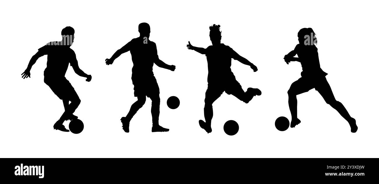 Silhouette Soccer Players Collection forma a illustrazione in bianco e nero. Foto Stock
