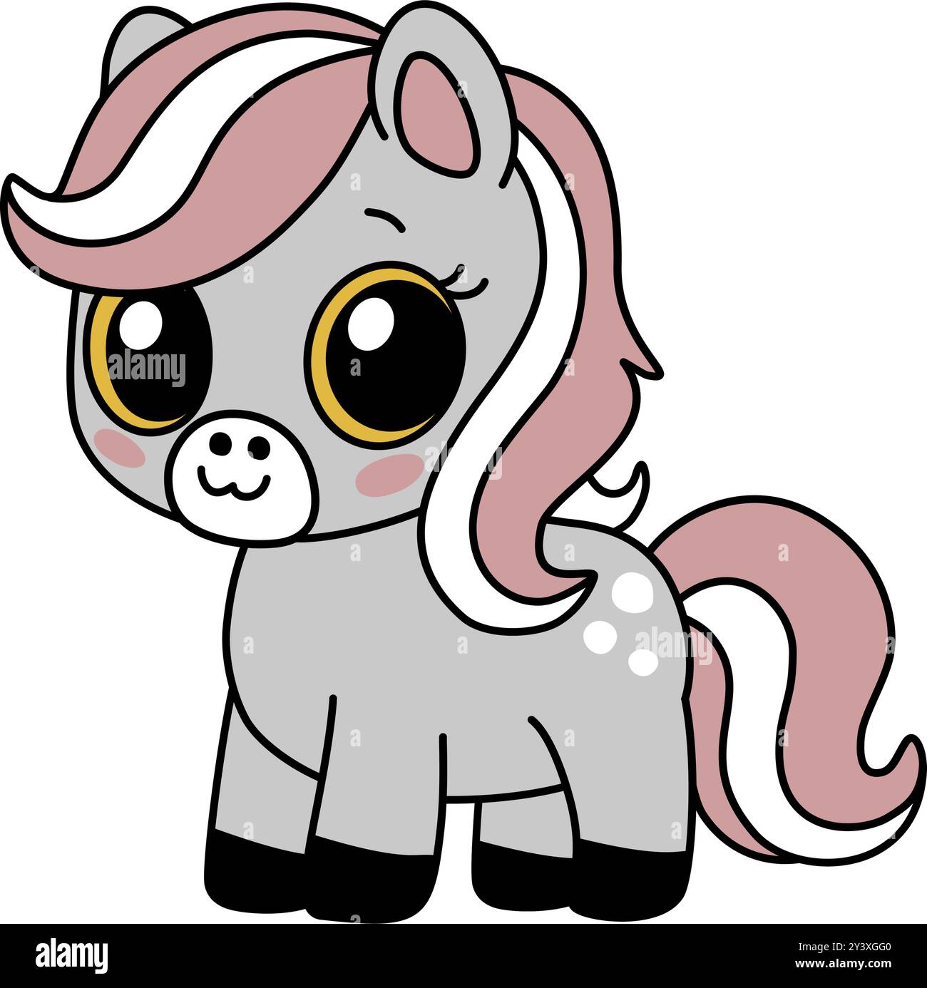 Icona Zodiac del simbolo animale cinese del nuovo anno. Kawaii asiatico stile carino illustrazione isolata di pony mascotte. Adorabile puledro grigio con grandi occhi Illustrazione Vettoriale