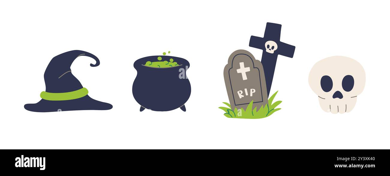 Set vettoriale Halloween Essentials cappello da strega, calderone gorgogliante, pietra tombale e teschio. Perfetto per grafica Spooky, decorazioni per feste, inviti e. Illustrazione Vettoriale