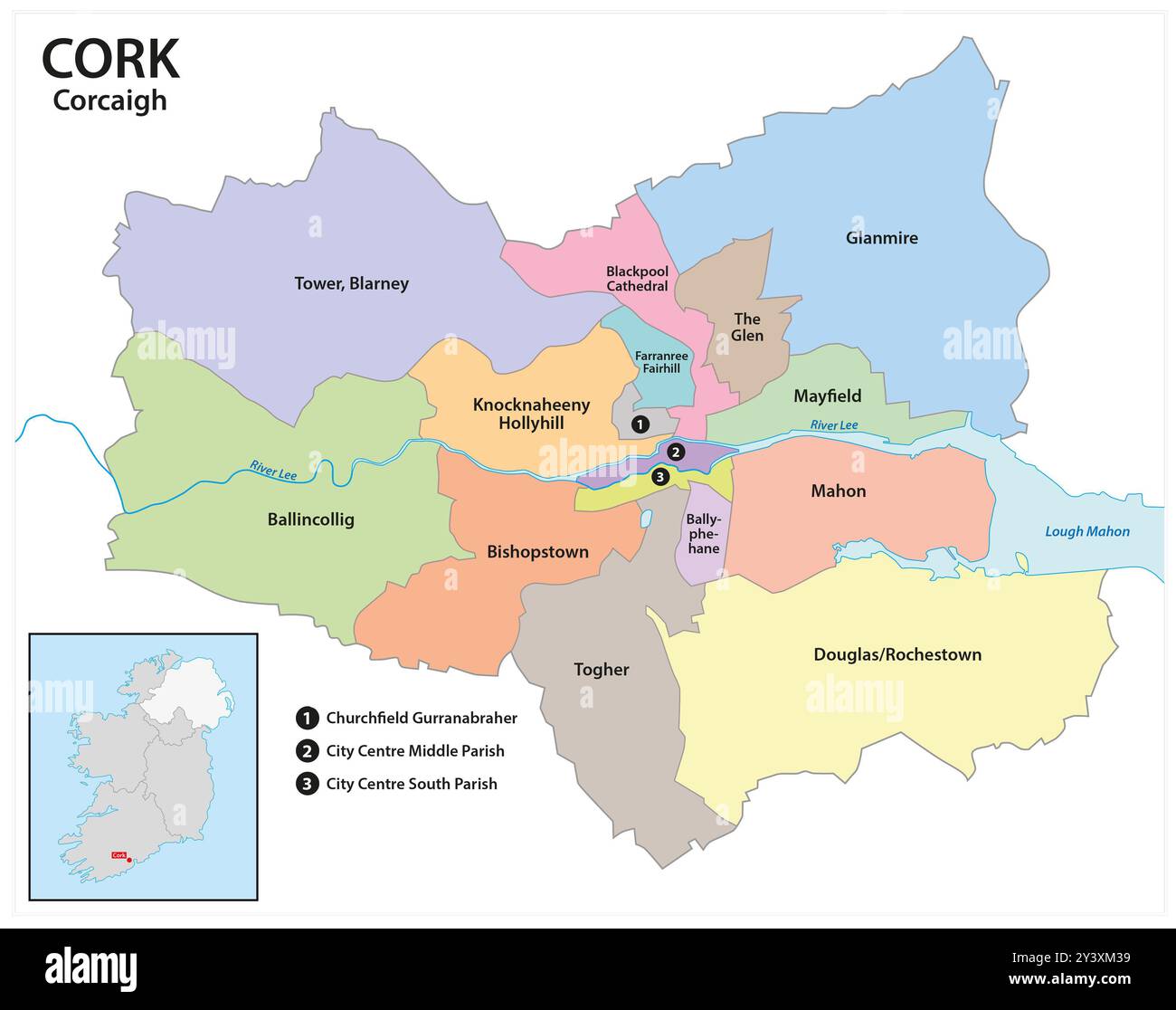 Mappa amministrativa della città irlandese di Cork Foto Stock