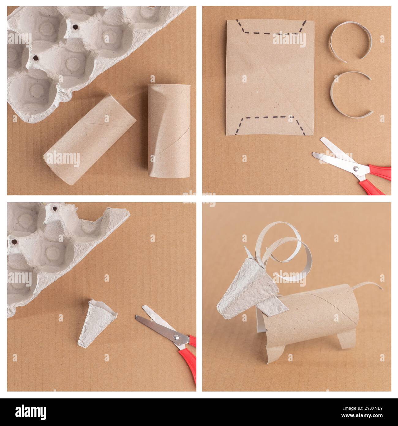 Creativi lavori di carta fatti in casa raffiguranti un ariete, uno stambecco o una capra, realizzati in un rotolo di carta igienica, perfetti per bambini e asili. Tutorial fai da te Foto Stock
