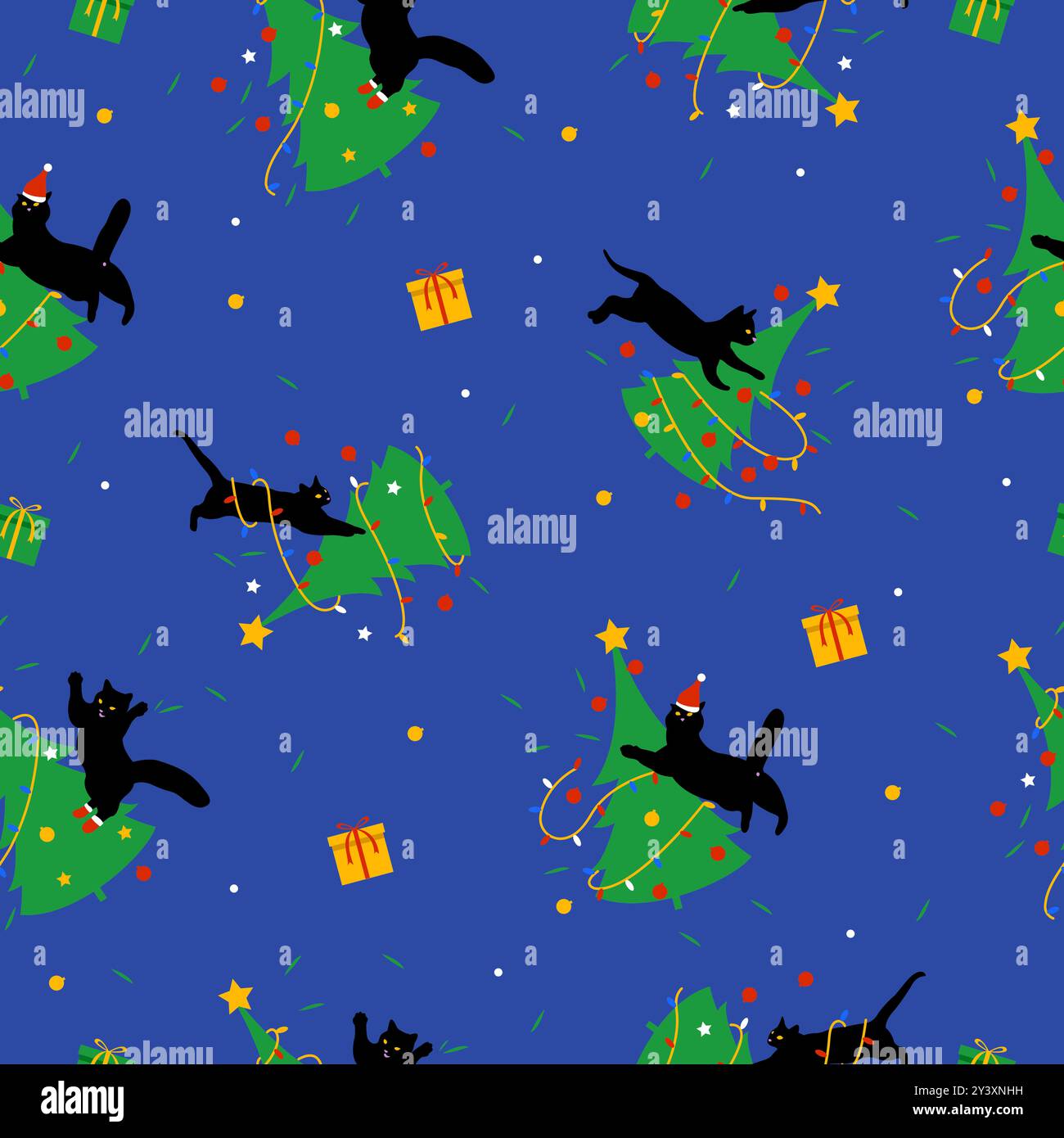 Gatti e alberi di Natale sullo sfondo. I gattini neri saltano e distruggono gli alberi di Natale. Motivo senza cuciture. Foto Stock