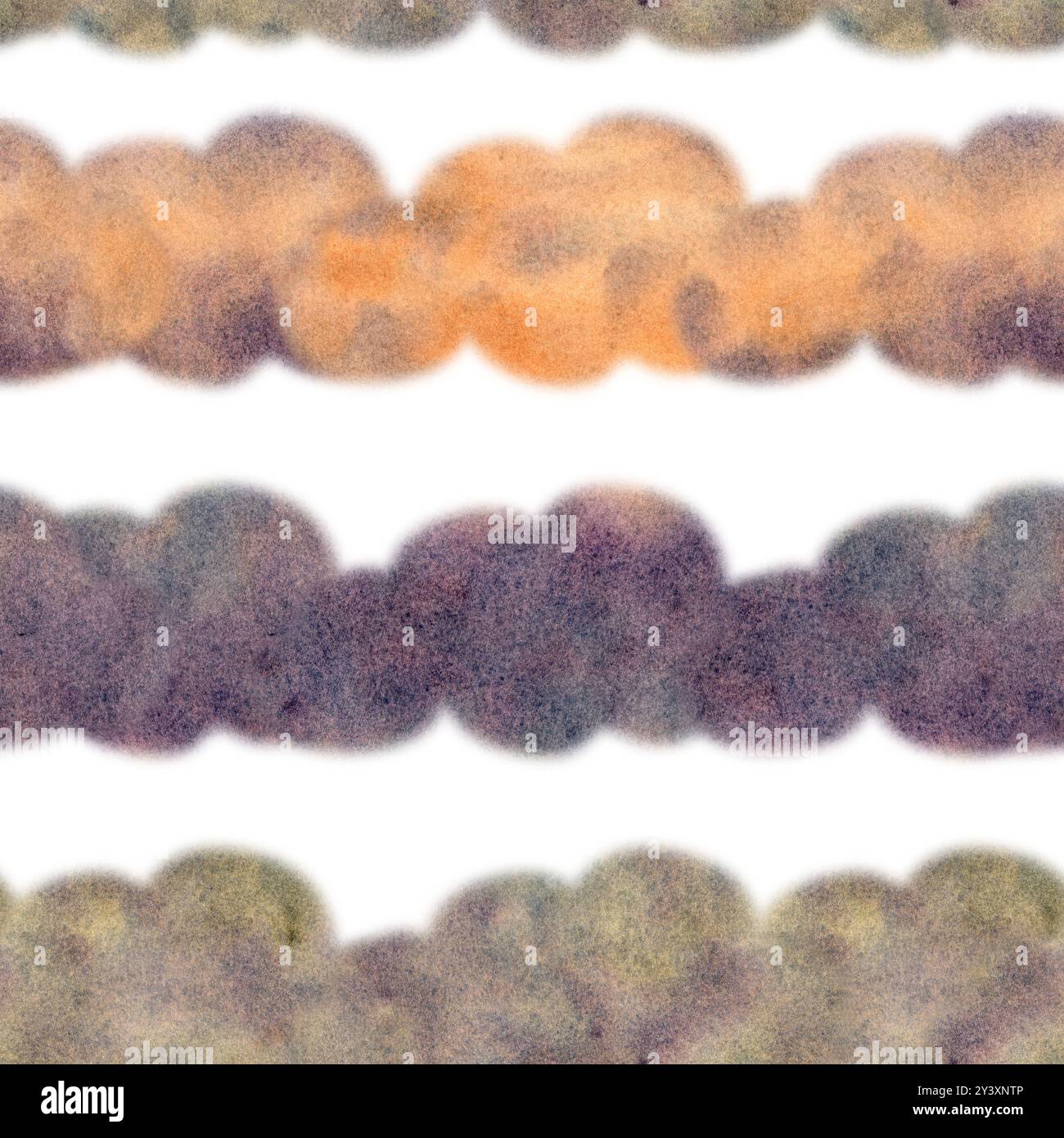 Motivo astratto senza cuciture per uno sfondo sfocato nella tavolozza verde/arancione/viola. Mix di nuvole di acquerelli dipinte a mano. Modello per sfondo, invita Foto Stock