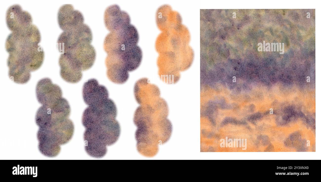 Nuvole di acquerelli dipinte a mano per un motivo astratto senza cuciture per uno sfondo sfocato nella tavolozza verde arancione viola. Modello per sfondo, invito Foto Stock