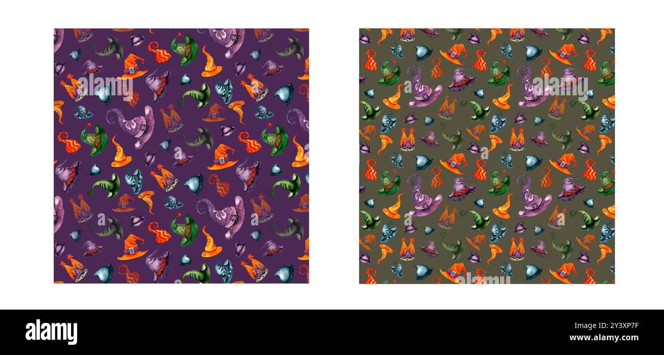Motivo di Halloween senza cuciture con divertenti cappelli colorati. Sfondo acquerello per menu, carte, inviti, sfondi, sfondi, biancheria da letto, tende, de Foto Stock