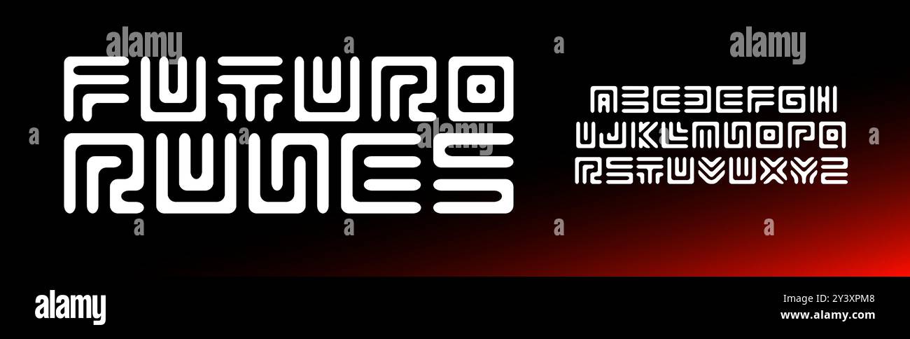 Alfabeto tribale futuristico, lettere a labirinto squadrate, carattere geometrico per futuristico, antico, etnico, design runico, tecnologia, architettura, tipografia dei giochi Illustrazione Vettoriale