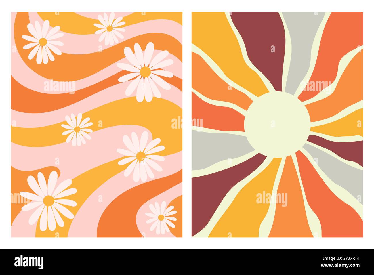 Due design astratti con motivo a margherita e design Sunburst in una tavolozza di colori retrò. Illustrazione Vettoriale