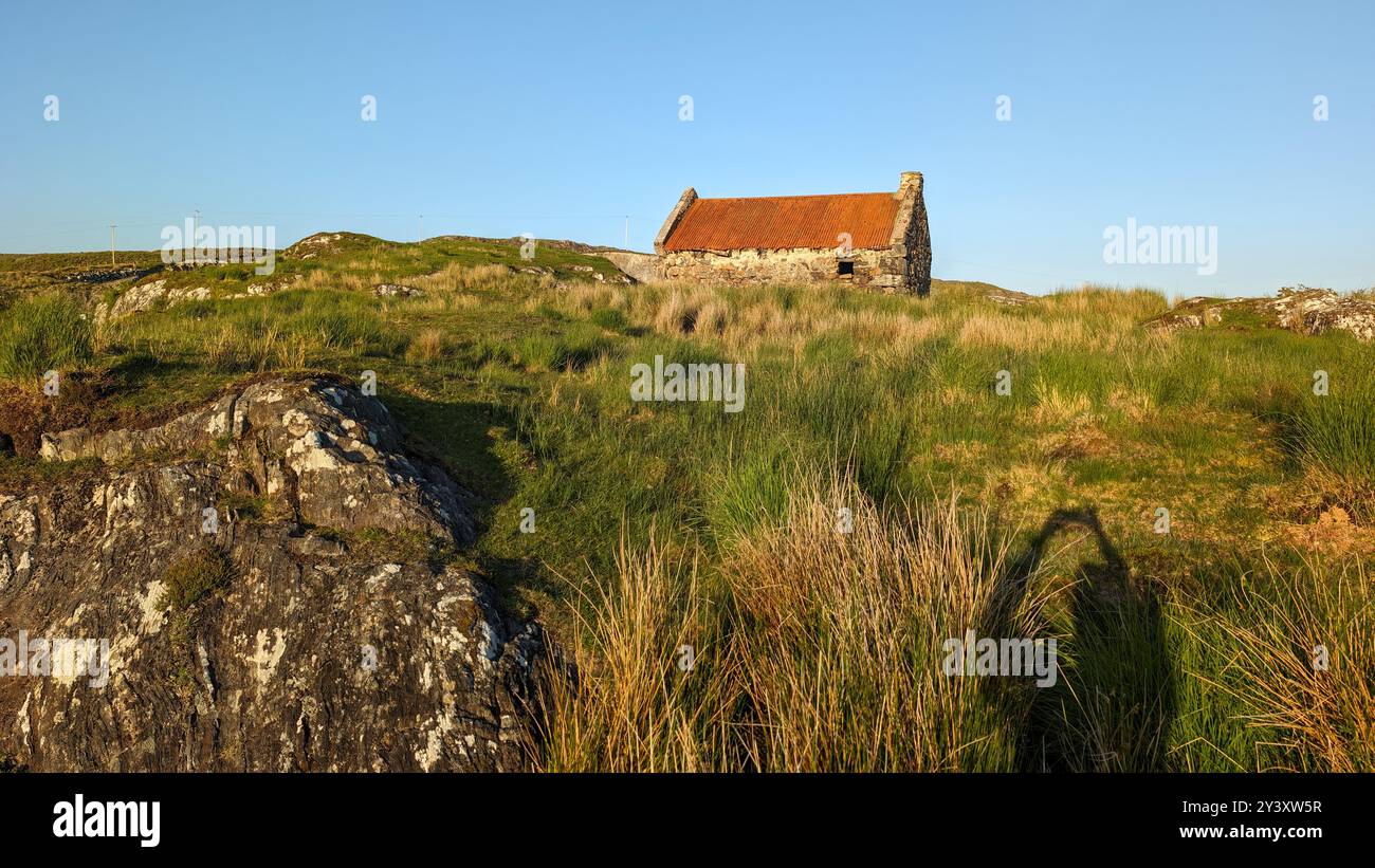 Splendido paesaggio con vecchio cottage con tetto in stagno arrugginito sulla verde collina del Connemara National Park nella contea di Galway, Irlanda, sullo sfondo Foto Stock