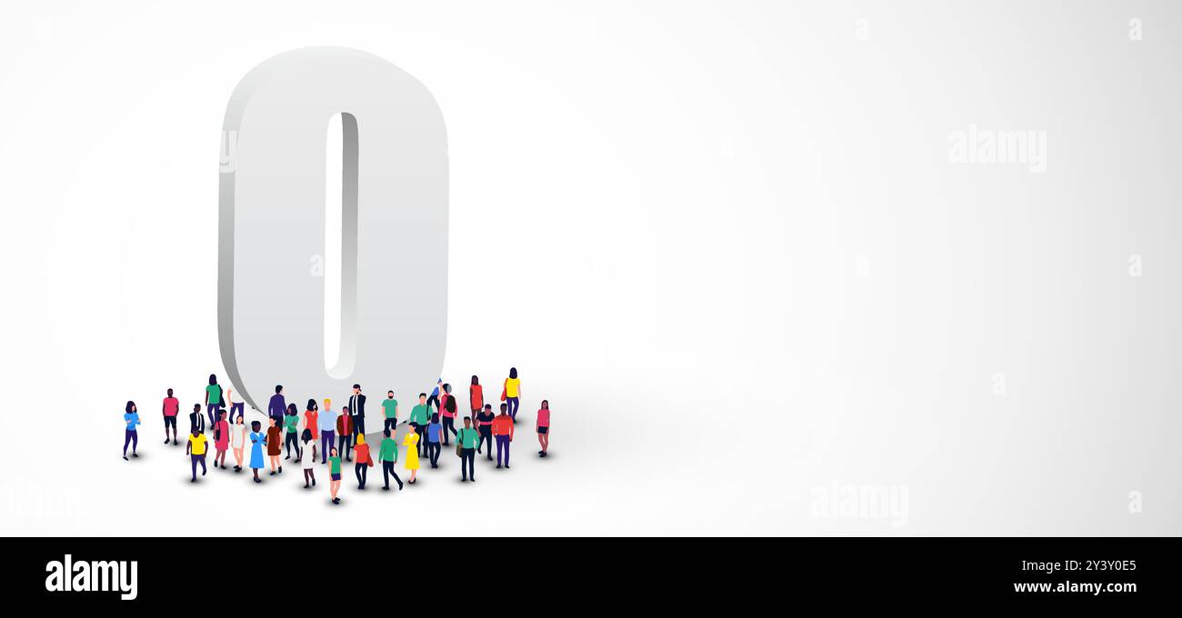 Un grande gruppo di persone si trova intorno al numero 0. Illustrazione vettoriale Illustrazione Vettoriale