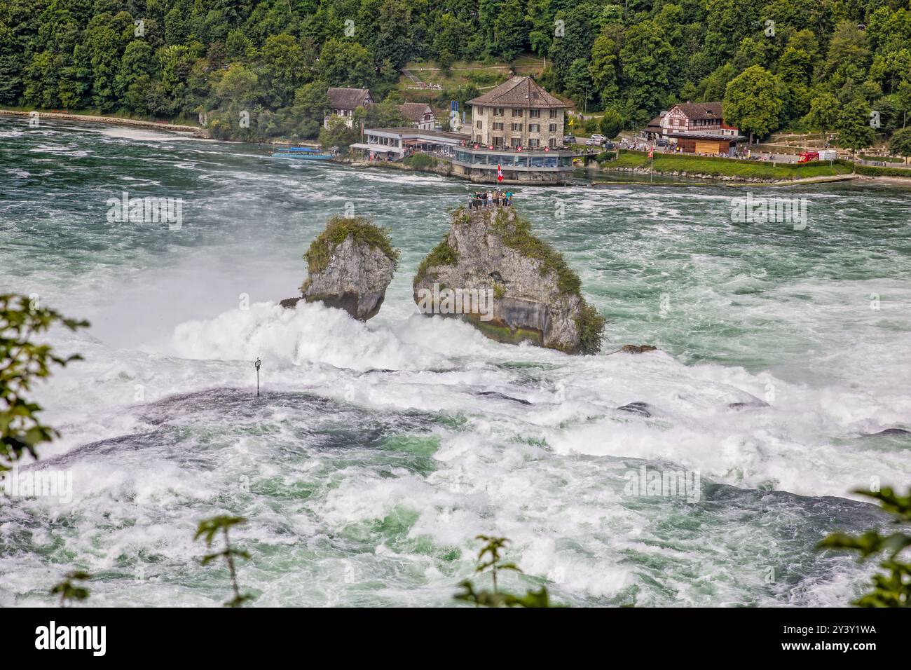 attrazione svizzera: la cascata del reno, con spettacolari acque scoscese Foto Stock