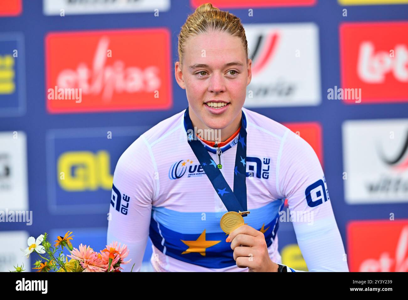 Puck LANGENBARG (Niederlande, Paesi Bassi) Juniorinnen Strassenrennen/Campionati europei continentali Junior donne gara su strada von Heusden-Zolder nach Hasselt (129 km) ore 15. Settembre 2024. Die Radsport EM/Straßenradsport-Europameisterschaften 2024 (2024 UEC Road European Championships) der Union Européenne de Cyclisme von 11. bis 15. Settembre 2024 a der belgischen Provinz Limburg. EuroRoad24, EuroRoad 2024. Foto Stock